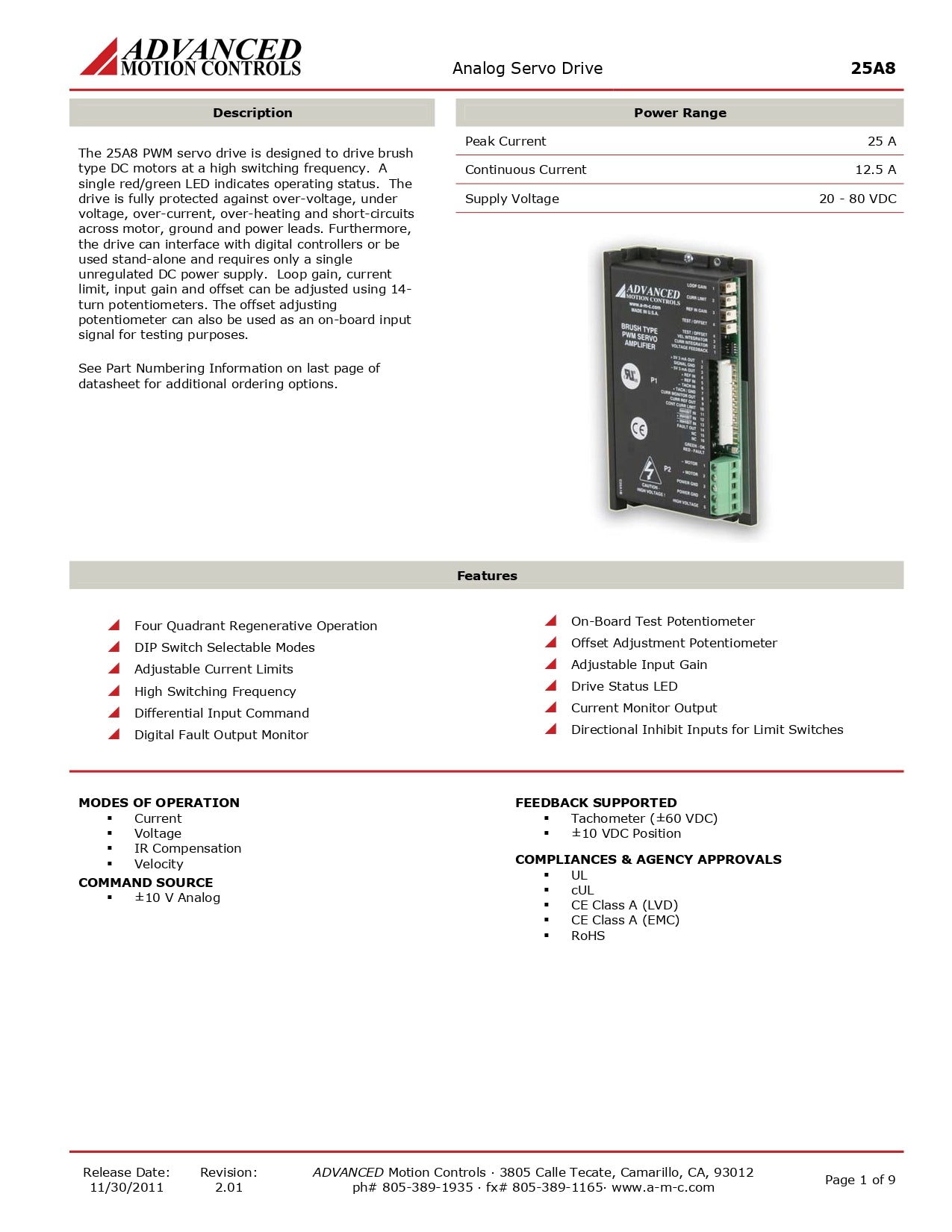 PWM servo amplificador analógico Advanved Motions 25A8