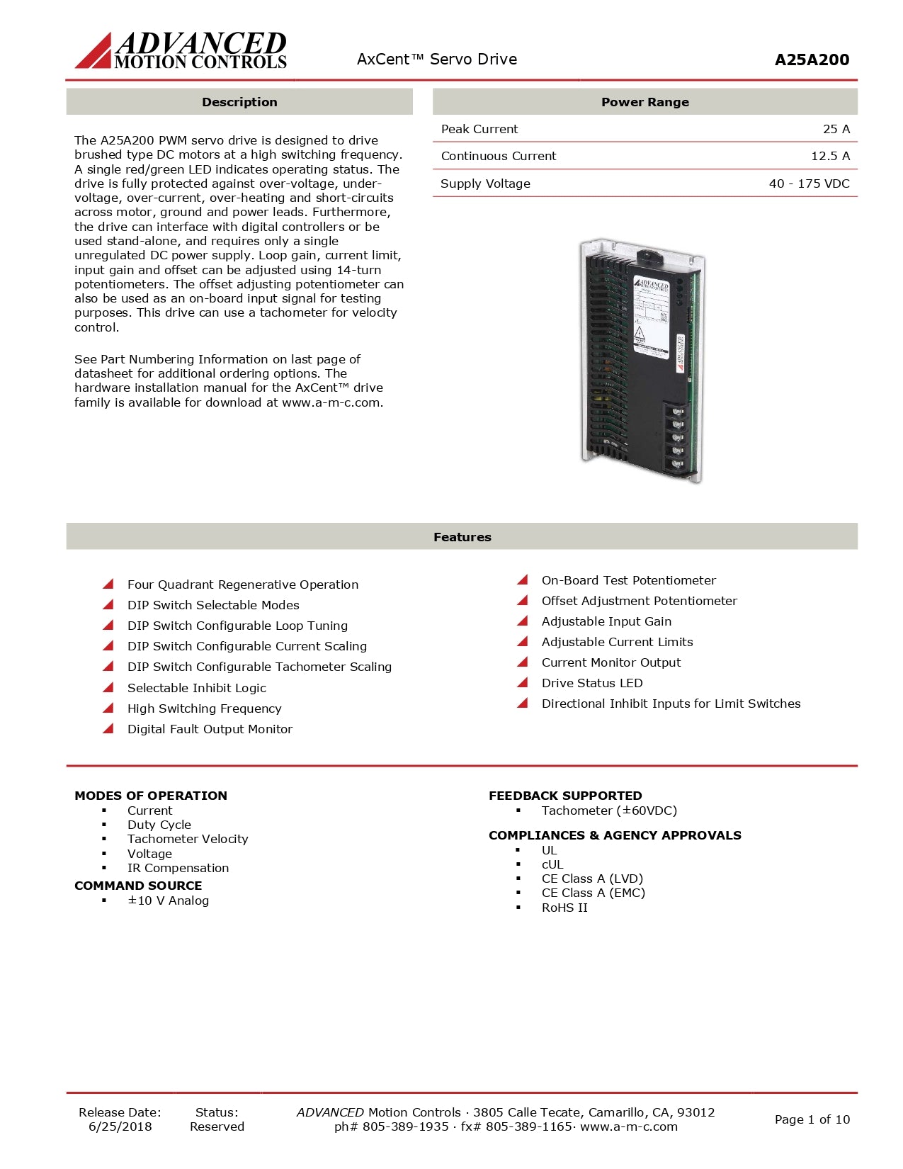PWM servo amplificador analógico Advanved Motions 25A20